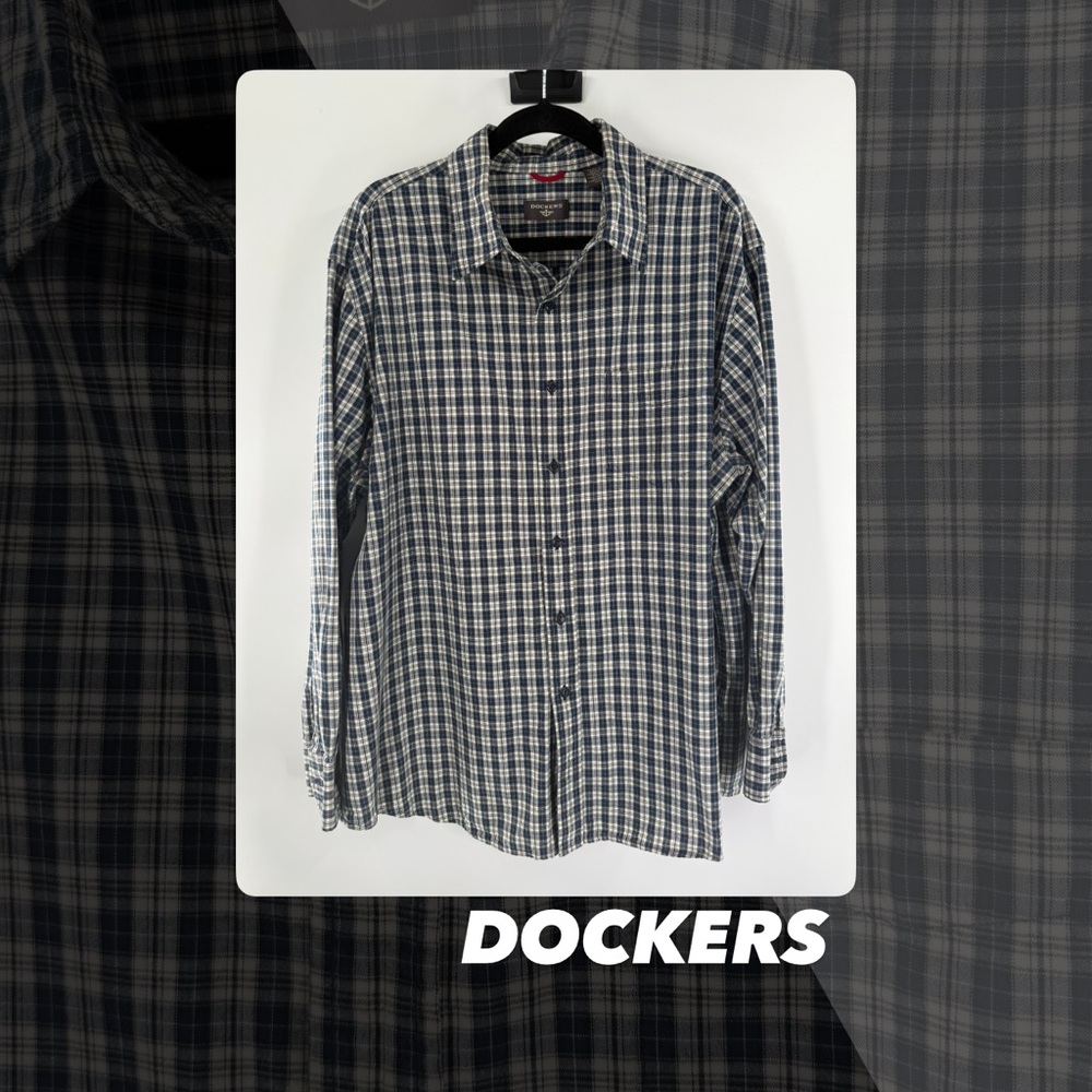 EUC Dockers Blue and Black Tartan Plaid Button Down Shirt
